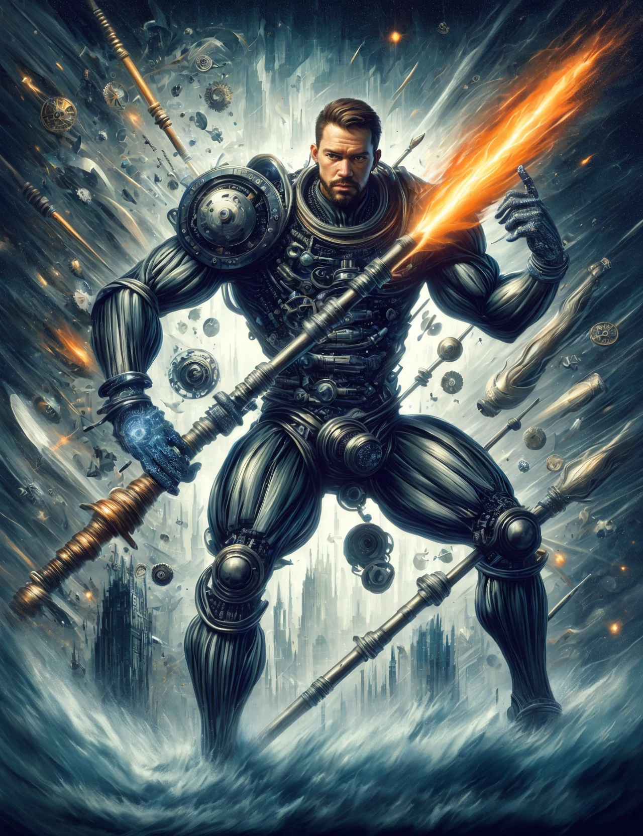masterpiece, awesome quality, hyper detailed, DonMFma force male randolph carter, , quarterstaff, <lora:DonMFma-000006:1>