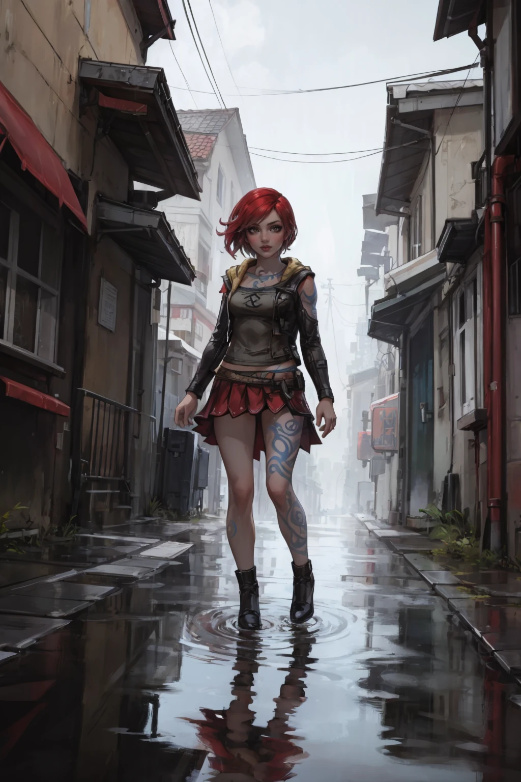 masterpiece, best quality, 1girl, solo, <lora:lilithbl2-guy-v3:.85>, lilithbl2, tattoo, makeup, hoodie, skirt, tattoo, outdoors, rain, puddle, reflection,
