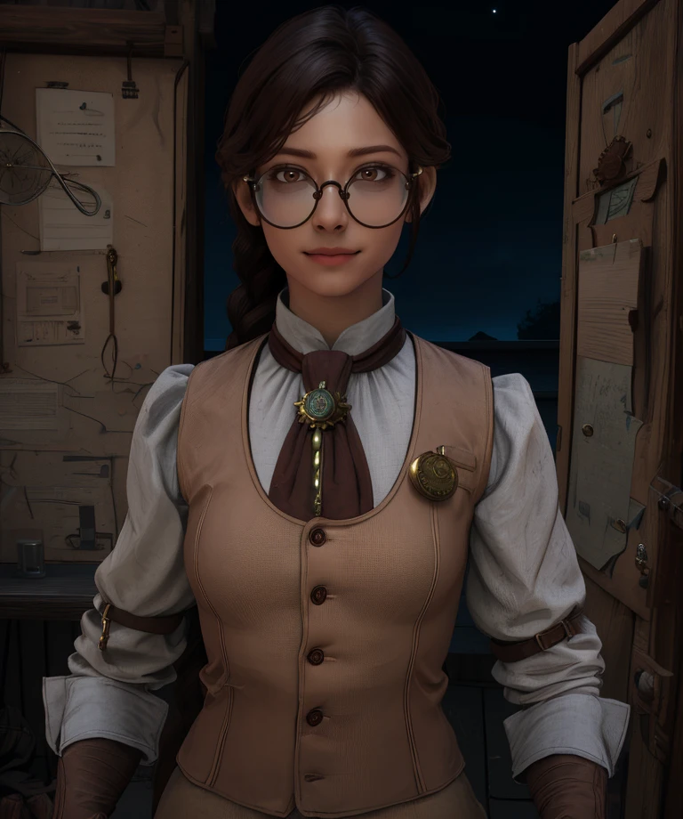 eugenie,brown hair,single braid,brown  eyes,glasses,light smile,
bolo tie,brown vest,brown gloves,jewelry,looking at viewer,
workshop,night,
standing,
(insanely detailed, beautiful detailed face, masterpiece, best quality),solo,<lora:eugenie:0.8>,