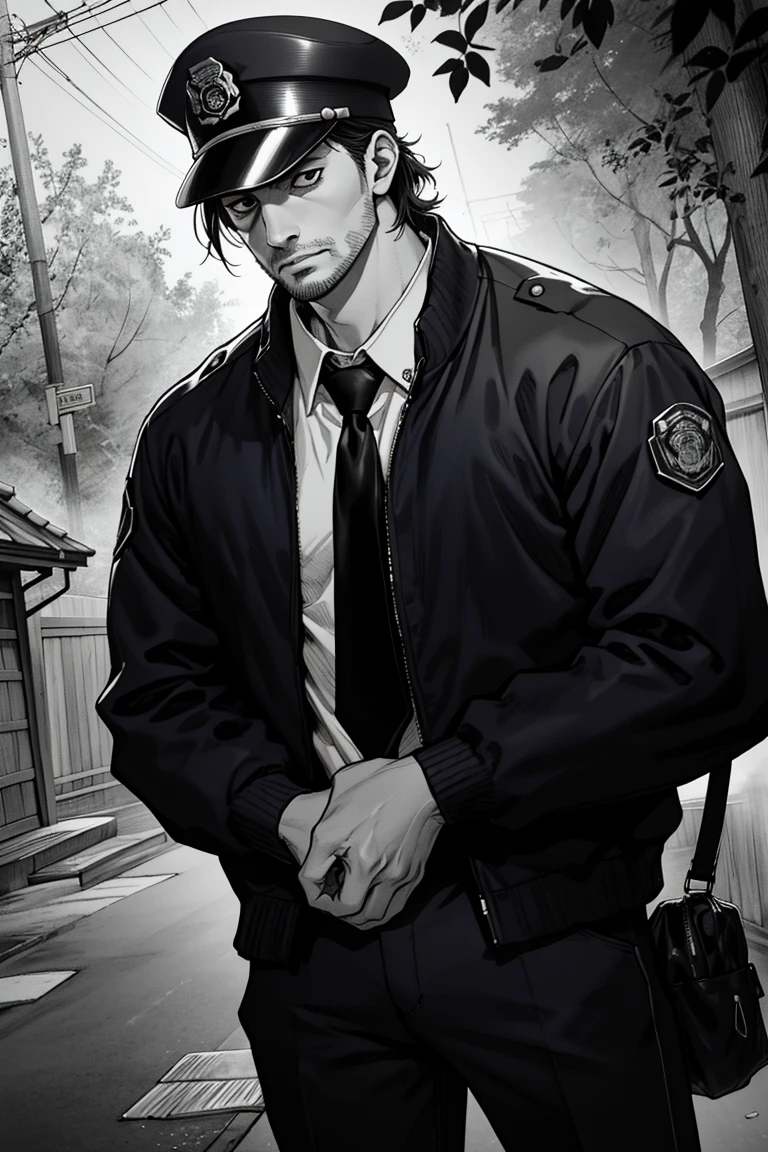 (1 image only), solo male, Agawa Daigo, Gannibal, Asian ,Japanese, black hair, short hair, (stubble), black eyes, policeman, white collared shirt, dark blue necktie, black jacket, long sleeves, buttoned up jacket, dark blue pants, black shoes, Japanese police peaked cap, mature, handsome, charming, alluring, perfect anatomy, perfect proportions, (best quality, masterpiece), (perfect eyes), perfect hands, high_resolution, dutch angle, cowboy shot, rural .pastoral, forest, creep, suspense, horror, manga, greyscale, monochrome,<lora:EMS-304048-EMS:0.600000>,<lora:EMS-210120-EMS:0.500000>