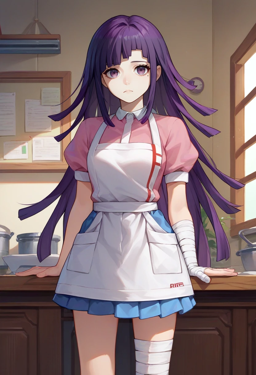 score_9, score_8_up, score_7_up, source_anime, solo, 1girl, tsumiki mikan, expressionless, looking at viewer, standing, mole under eye, purple hair, pink shirt, puffy short sleeves, white apron, blue skirt, bandaged leg, bandaged arm, indoors, infirmary <lora:danganronpa2_tsumiki_ponyXL:1>