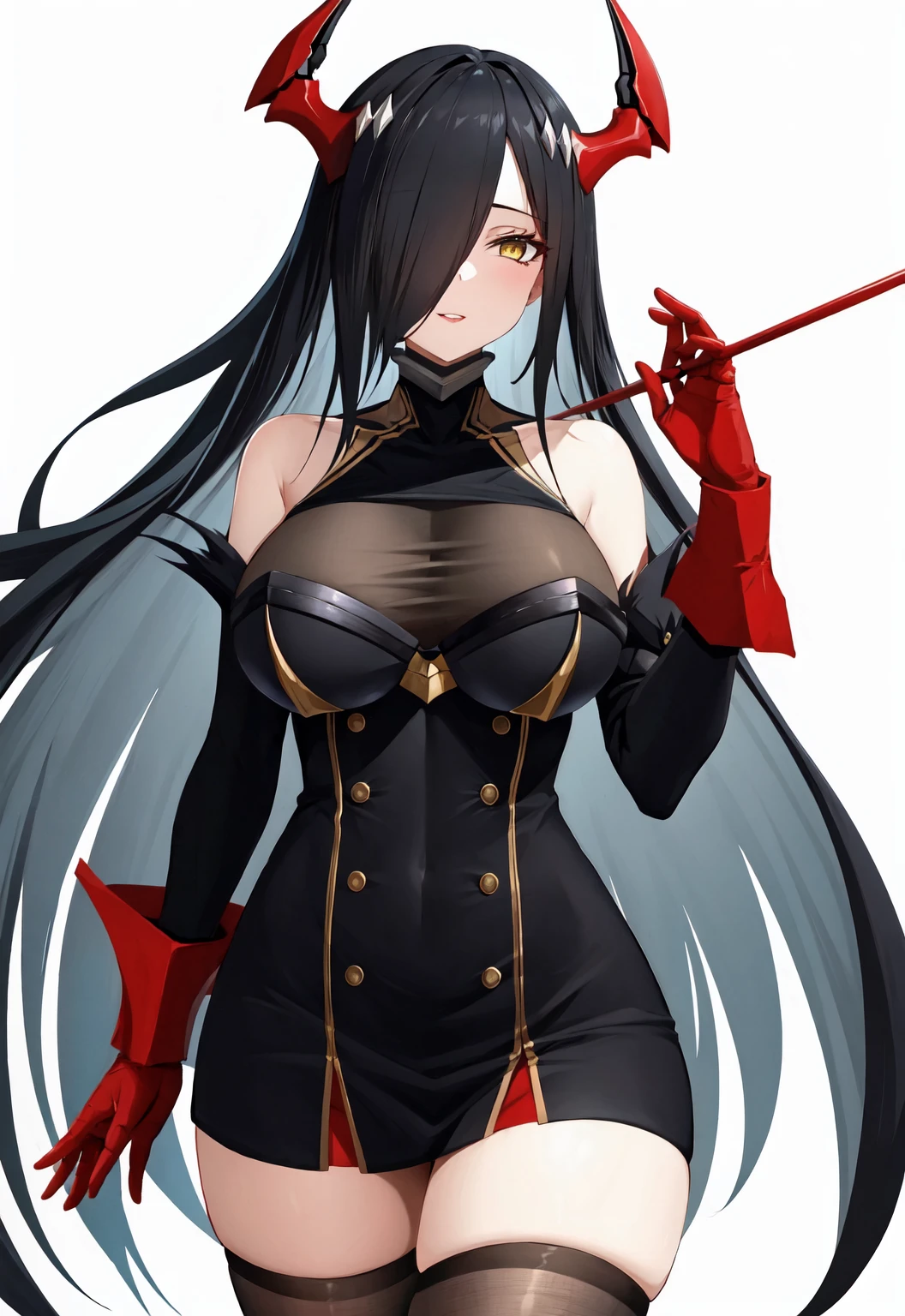 1girl, absurdres, bare shoulders, black dress, black hair, black thighhighs, breasts, cowboy shot, detached sleeves, dress, friedrich der grosse, gloves, gold trim, hair over one eye, highres, large breasts, long hair, looking at viewer, red gloves, see-through, short dress, simple background, solo, thighhighs, very long hair, white background, yellow eyes, zettai ryouiki, default, horns, red horns, mechanical horns, baton conducting, baton conducting, <lora:friedrich der grosse-v2:1>