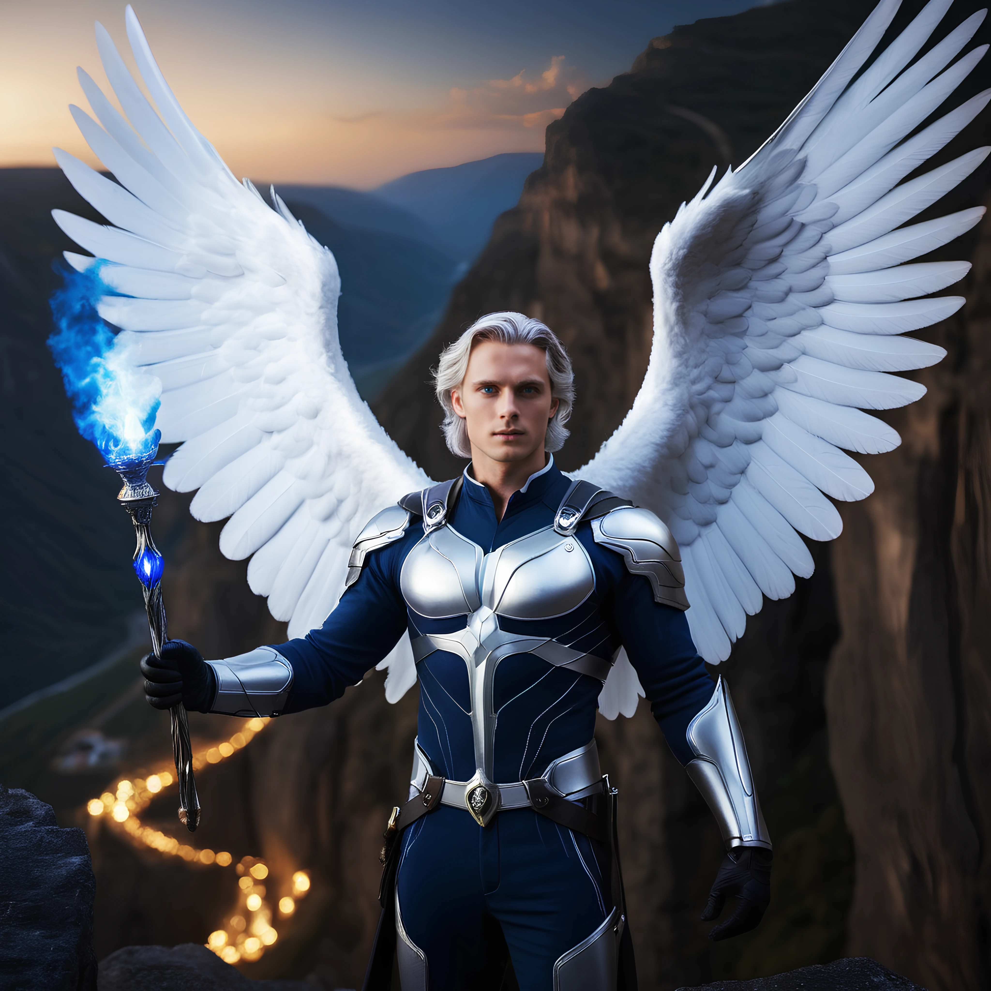 A professional photo of the 25 years old male archon angel with large wings, deep blue eyes, silver hair, hero, one wing is black another wing is white, wearing gloves for the falcon, holding upwards a torch with deep blue flame, falcon flying nearby, fantasy background with cliffs, magic lights in the air, mountains, dark starry night, photorealism, professional photo, blurry background, frontal shot, DSLR photo, high details, masterpiece, epic, musculine, cinematic, dynamic, movie poster, hero