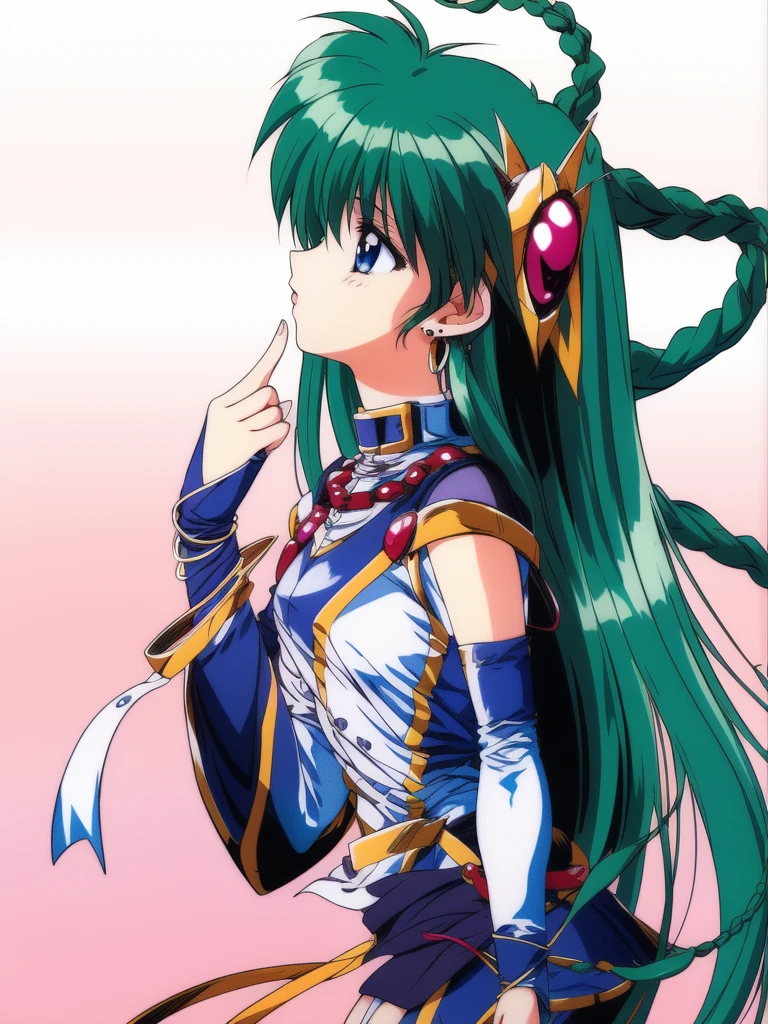 <lora:swatty:1>, swatty, 1girl, solo, long hair, jewelry, green hair, earrings, blue eyes, bridal gauntlets, braid, profile, ribbon, necklace, detached sleeves, pink background, very long hair, finger to mouth, 1990s (style), hair ornament, gem, thighhighs, hair rings, gradient, gradient background, cowboy shot,
masterpiece, high quality, very_high_resolution, large_filesize, full color,