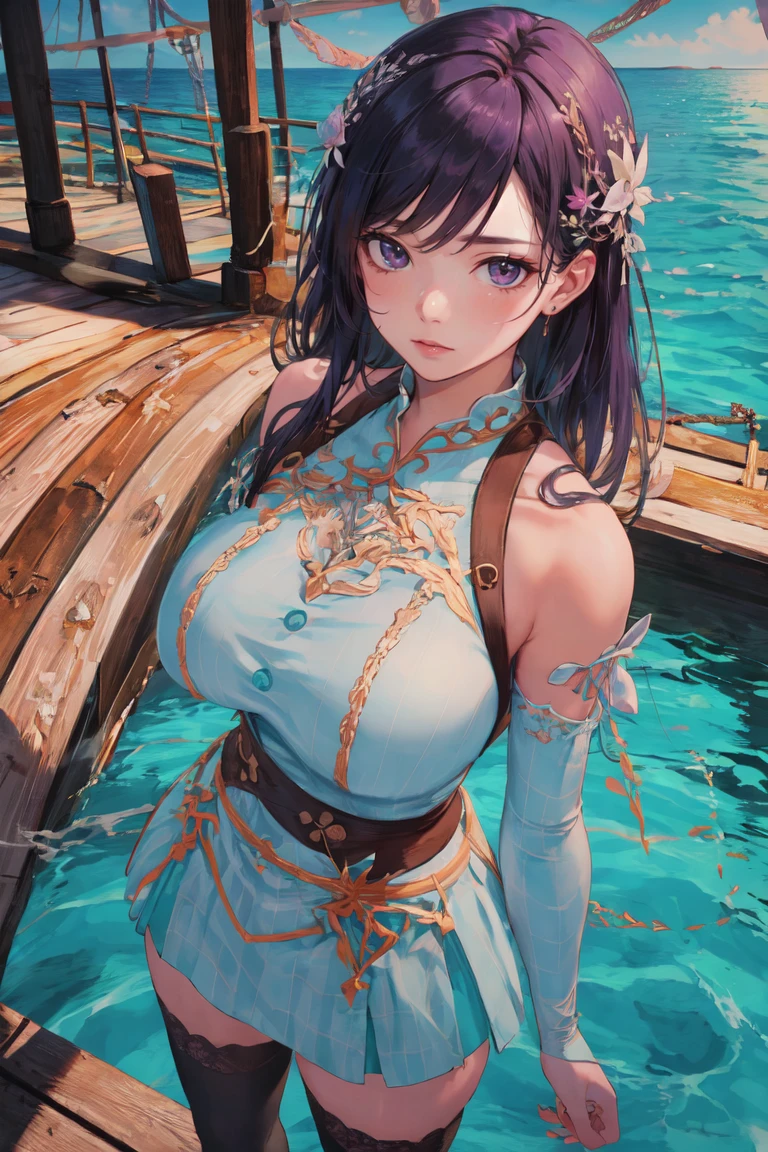 4k, 8k, ultra highres, raw photo in hdr, sharp focus, intricate texture, detailed skin,skin imperfections, realistic, detailed facial features, highly detailed face,detailed background,standing in a wooden boat in the ocean,ocean,boat,wooden,standing,natural lighting,water reflection,detailed wood texture,ocean waves,<lora:LOAOutfit2:0.7>LOAOutfit2,black thighhighs,purple hair