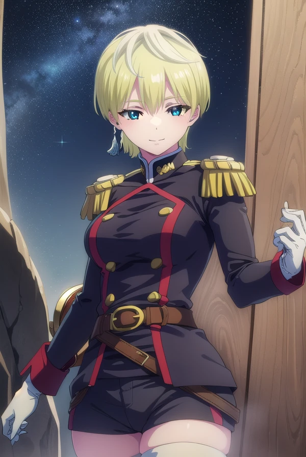 tenkaizumo, <lora:tenka izumo s1-lora-nochekaiser:1>,
tenka izumo, short hair, blue eyes, blonde hair, smile,
BREAK thighhighs, gloves, jewelry, earrings, boots, shorts, belt, uniform, military, military uniform, thigh boots, epaulettes,
BREAK outdoors, space, starry sky, star \(sky\), moon,
BREAK looking at viewer, (cowboy shot:1.5),
BREAK <lyco:GoodHands-beta2:1>, (masterpiece:1.2), best quality, high resolution, unity 8k wallpaper, (illustration:0.8), (beautiful detailed eyes:1.6), extremely detailed face, perfect lighting, extremely detailed CG, (perfect hands, perfect anatomy),