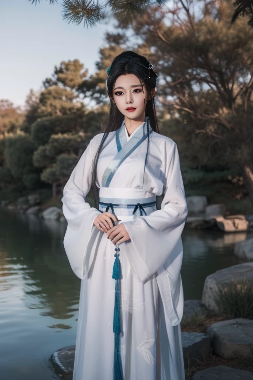 ltra-detailed,highly detailed,best quality,masterpiece,illustration,realistic,photorealistic,
1girl, solo,
xiaobai, hanfu, chinese clothes, wide sleeves, long sleeves, see-through, sash,
jewelry, tassel, hair ornament,
long hair,
looking at viewer, standing, cowboy shot,
outdoors, tree, rock, day, photo background, sunlight, scenery, nature, water,
<lora:xiaobai_v1_07:0.8>