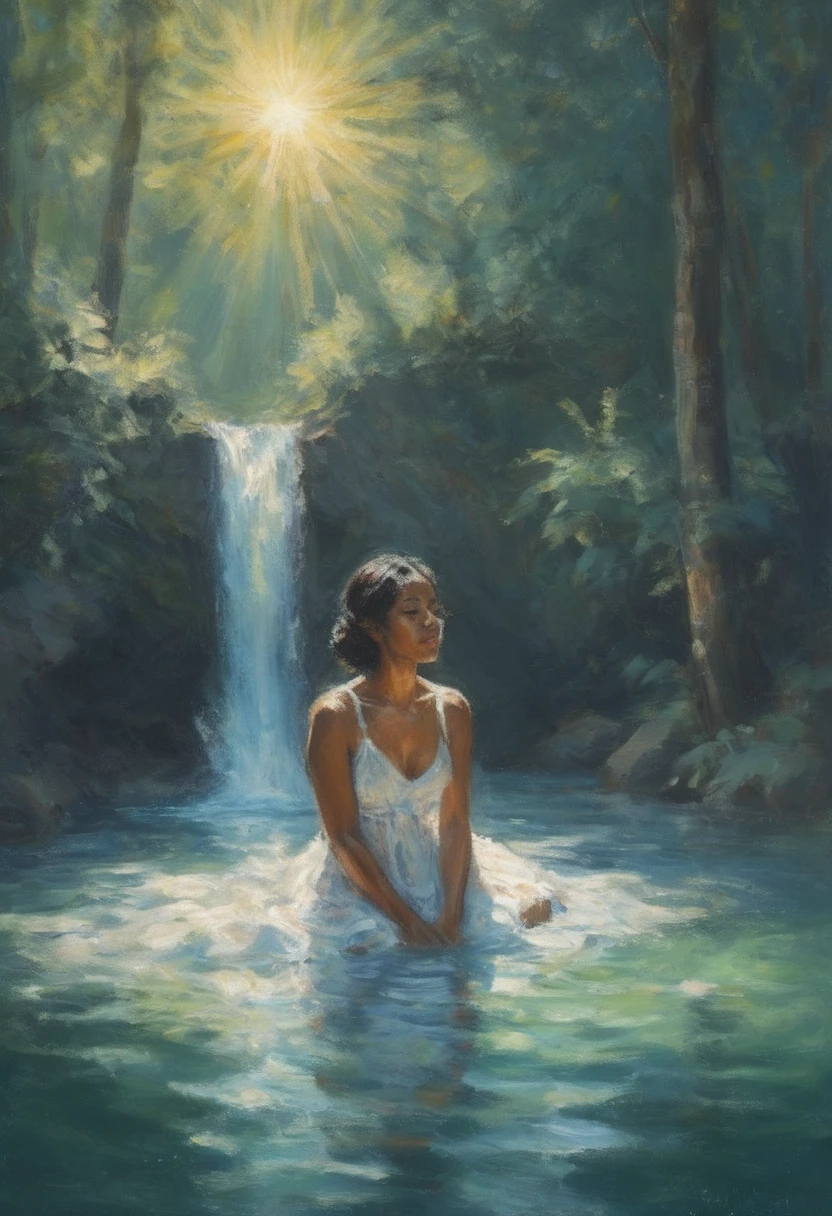 impressionist painting of a beautiful biracial woman submerged in a forest pool with a tall waterfall and sun rays filtering through the leaves
