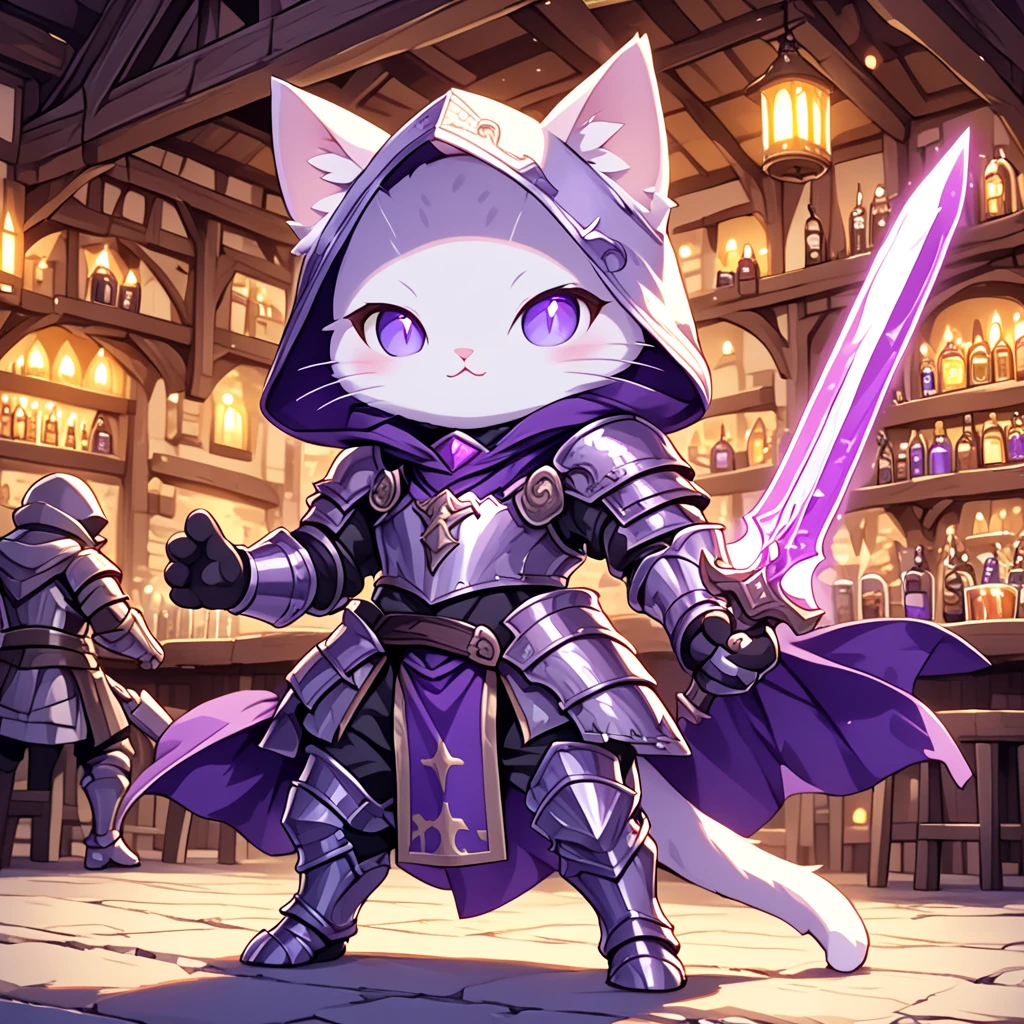 a super cute cat chibi knight, wearing armor and hood, wielding purple glowing sword, fantasy tavern in background, HD, masterpiece, best quality, hyper detailed, ultra detailed, super realistic