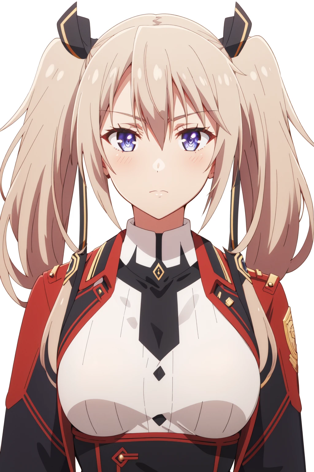 mature female, tall female, tall, long legs, tall body, curvy, <lora:anime_screencap_v2:0.3>
portrait, solo focus, solo, 1girl, close-up, (white background, plain background, simple background:1.3),
<lora:maou_sasha-03:0.7> maou_sasha, 1girl, twintails, solo, long hair, blue eyes, purple eyes, blonde hair, upper body, looking at viewer, hair ribbon, ribbon, hair ornament, hair between eyes, uniform, jacket, parody, blush, weapon
