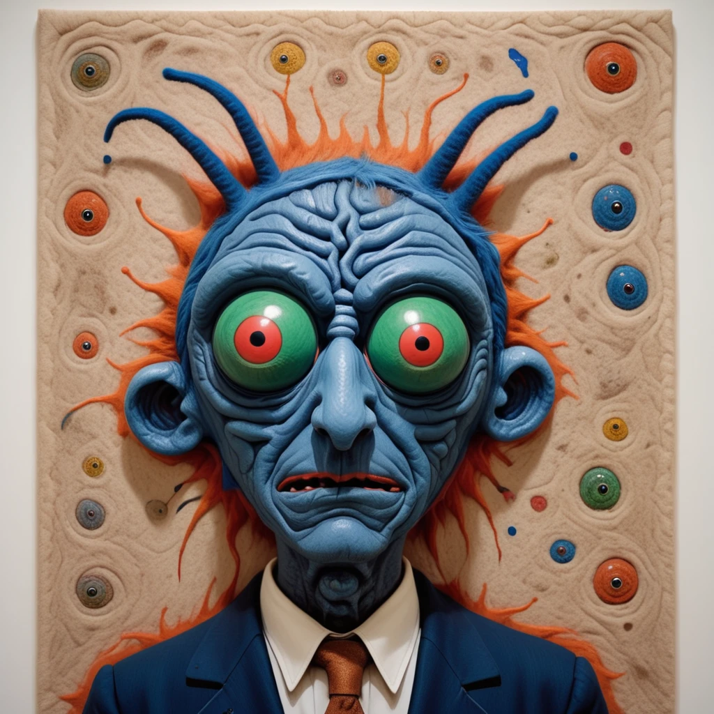 1portrait ,( franz kafka:1.1), monster bug <lora:Angst:1> blue green orange, red eyes,