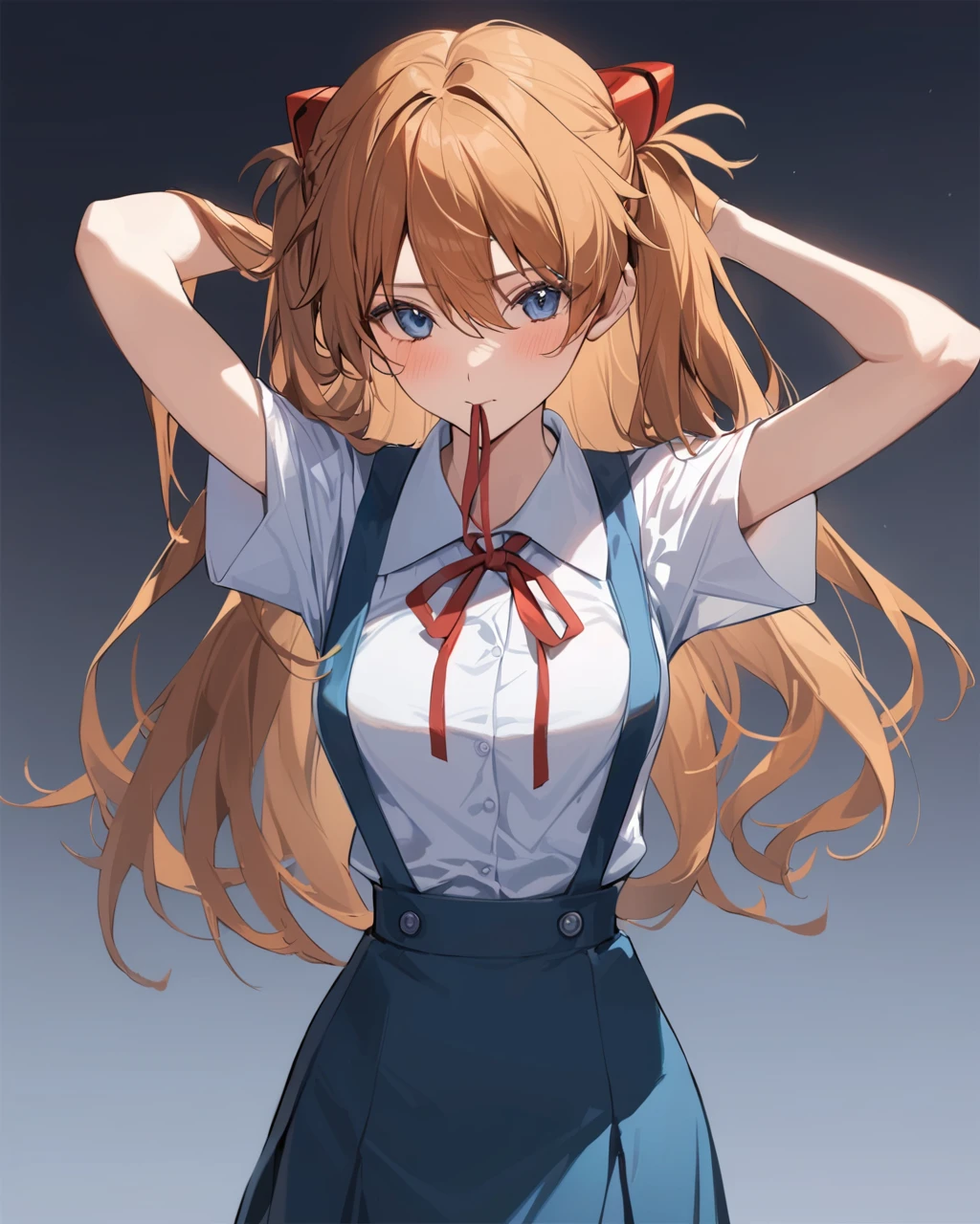 best quality, masterpiece, <lora:souryuuv2:1>,school_uniform, skirt, suspenders, red_ribbon, arms_up, 1girl, neck_ribbon, tokyo-3_middle_school_uniform, solo, black_background, standing, neon_genesis_evangelion, souryuu_asuka_langley, dress_shirt, white_shirt, blue_background, short_sleeves, mouth_hold, blue_skirt, ribbon, suspender_skirt, shirt, gradient_background