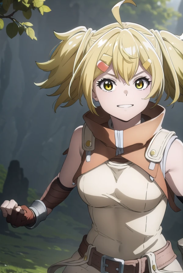 oikatzo, <lora:oikatzo s1-lora-nochekaiser:1>,
oikatzo, blonde hair, hair ornament, twintails, (yellow eyes:1.3), hairclip, short twintails, smile, grin,
BREAK gloves, belt, fingerless gloves, red gloves,
BREAK outdoors, forest,
BREAK looking at viewer, (cowboy shot:1.5),
BREAK <lyco:GoodHands-beta2:1>, (masterpiece:1.2), best quality, high resolution, unity 8k wallpaper, (illustration:0.8), (beautiful detailed eyes:1.6), extremely detailed face, perfect lighting, extremely detailed CG, (perfect hands, perfect anatomy),