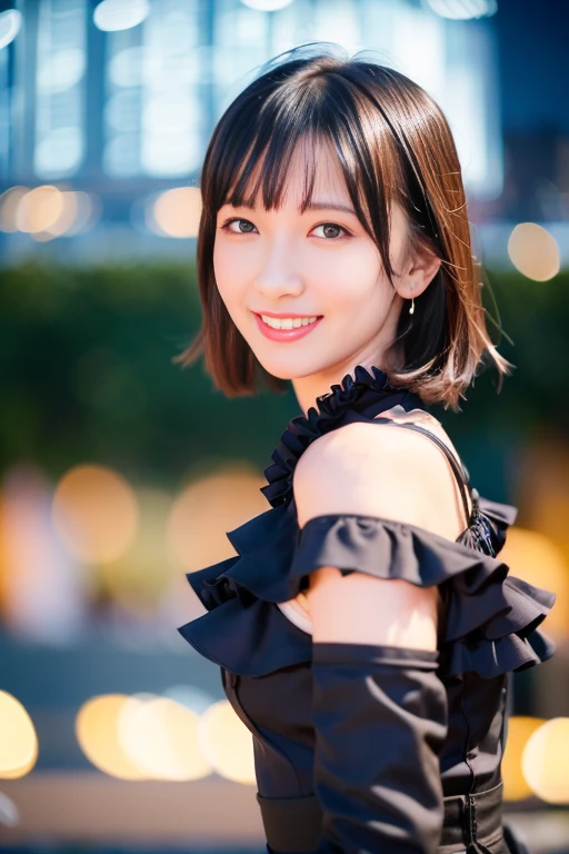 1girl, (frill dress:1.4),(RAW photo, best quality:1.4), (realistic, photo-realistic:1.4), masterpiece, an extremely delicate and beautiful, extremely detailed, 2k wallpaper, Amazing, finely detail, extremely detailed CG unity 8k wallpaper, ultra-detailed, highres, soft light, beautiful detailed girl, extremely detailed eyes and face, beautiful detailed nose, beautiful detailed eyes,cinematic lighting,(blurry,bokeh backgound:1.6),(night, city:2.0),perfect anatomy,(slender body:1.0),(close up face:1.8),(smile,Friendly, warm:1.6),(looking at viewer:1.8),(japanese idol:1.4), (brown eyes:1.4),(arm behind back:1.6), (cleavage:0.8), <lora:toujousayako_lora-01:0.8>