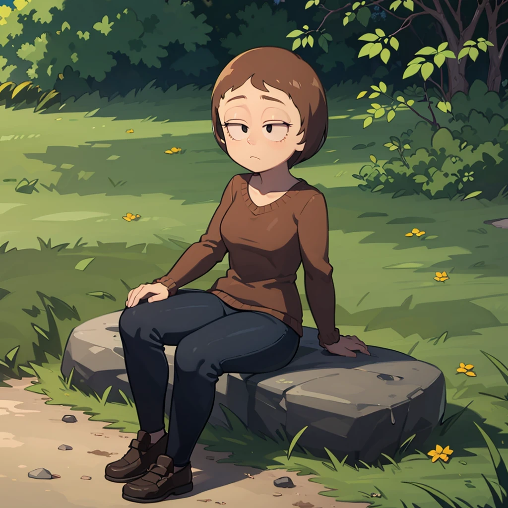 1girl, solo, Sharon Marsh, short hair, brown hair, pants, black eyes, shirt, <lora:Sharon_Marsh_Leaf1:0.8>, sitting, sitting on rock,