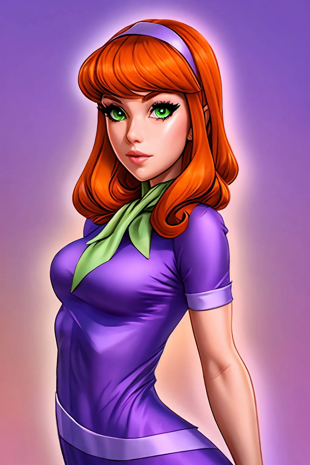 woman, orange hair, green eyes, <lora:Daphne Blake Cosplay_v1:1> daphne blake cosplay, upper body