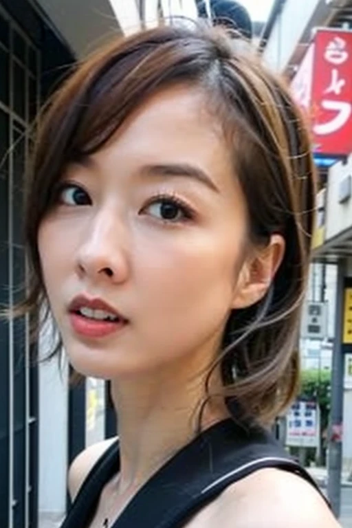 Best quality,masterpiece,ultra high res,(photorealistic:1.2),1girl,deep shadow,low key,slim body,undone hair,taipei street alley,dynamic pose,face closeup,medium breasts,<lora:yuxinuna:0.9>,