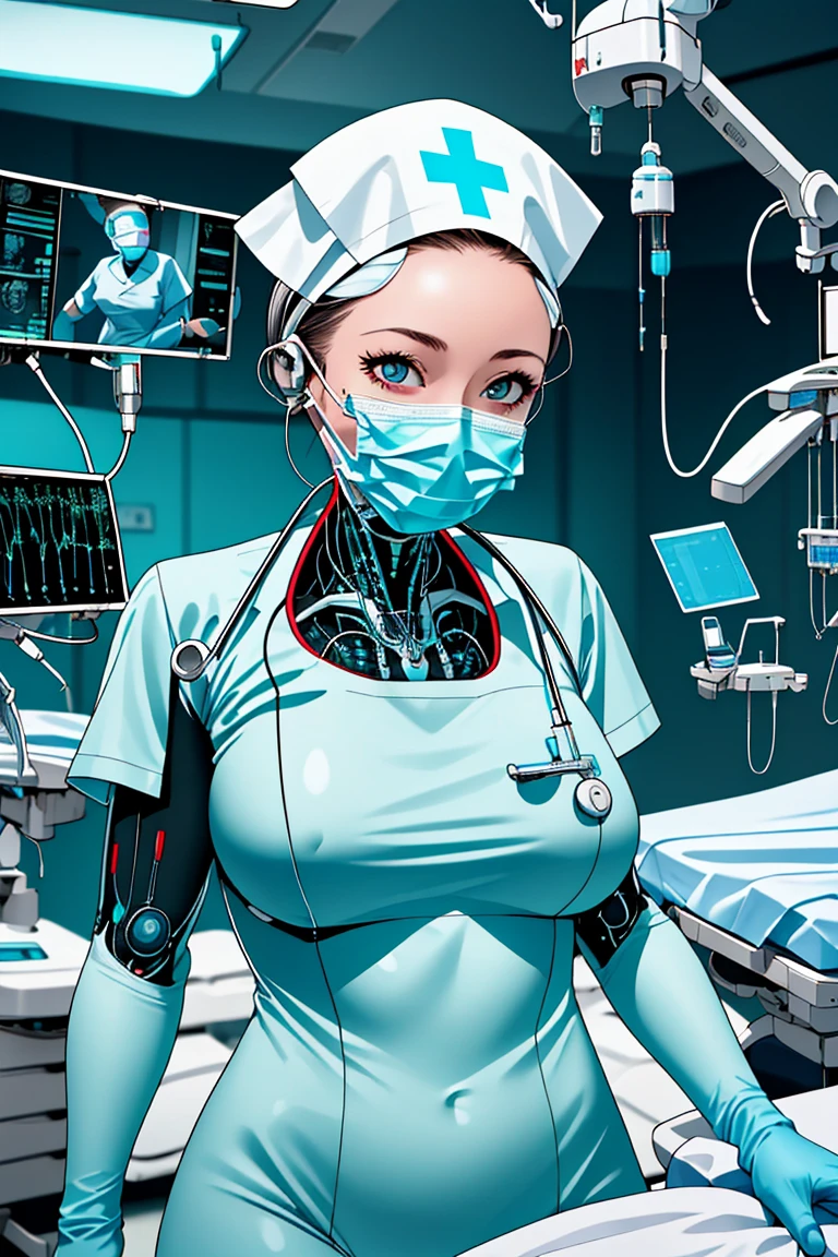 (RAW photo, best quality), 1girl, operating room, overhead surgical light, dslr, blurred background, focused,
 <lora:cyber_surgNurse_v1.0-000006:0.9> cybr_surgnurse, 1girl, solo, bodysuit, nurse cap, latex gloves, science fiction,cybernetic, surgical mask,earpods,