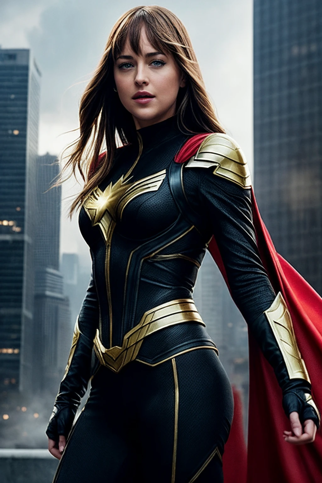 DakotaJ_soloTI_v1,PA7_Portrait-MCU,
a beautiful woman, perfect hair,
Bold and fierce costume, a fusion of iconic elements from Marvel and DC characters, powerful and confident pose, wide-angle shot, (digital, vibrant and dynamic colors, high-energy look), (Urban Superhero Showdown, Cityscape with skyscrapers, crumbling buildings, and an epic battle in progress), intense and determined eyes, a fierce and determined expression, bold and vibrant lips, (powerful gaze: 1.1), edgy and superhero-inspired accessories, (action-packed shot: 1.3), (dynamic and dramatic lighting, emphasizing the intensity and energy of the superhero clash with dynamic light beams and shadows),
<lora:add_detail:0.5>