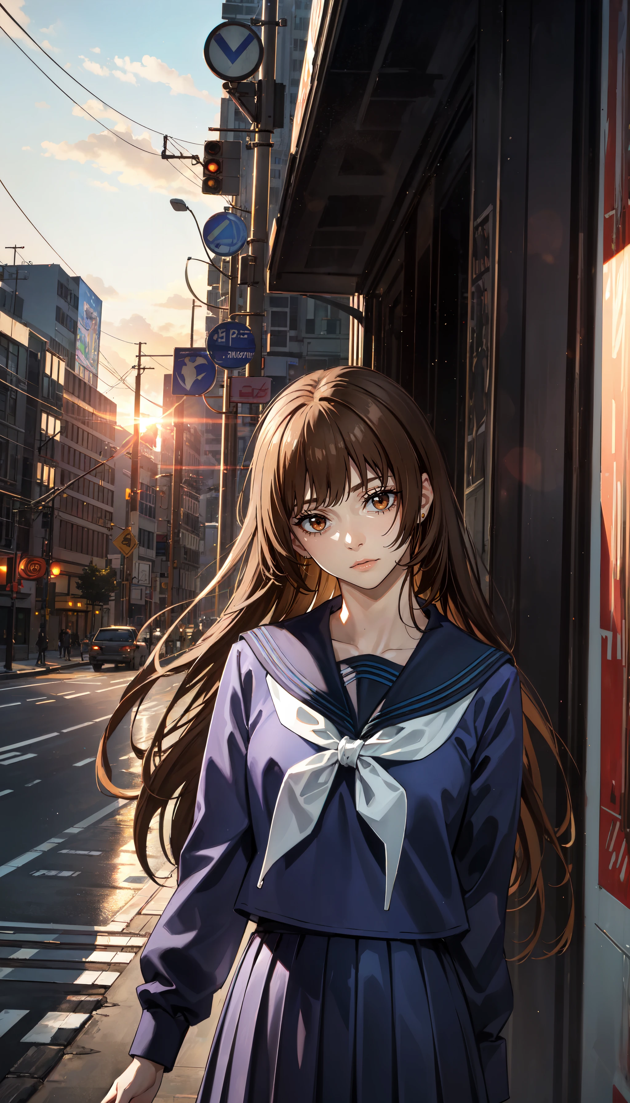 photorealistic, (4k), depth of field, (Masterpiece), (realistic skin texture), extremely detailed, intricate, hyper detailed, professional photography, bokeh, high resolution, sharp detail, best quality, girl, long hair, brown hair, bangs, brown eyes, blue school uniform, blue shirt, blue pleated skirt, <lora:GoodHands-vanilla:0.4>, <lora:detail_slider_v4:0.8> , dynamic pose, head tilt , <lora:Mimiko Hasaba-000004:0.8>, empty streets, modern city, skyscrapers, sunset,