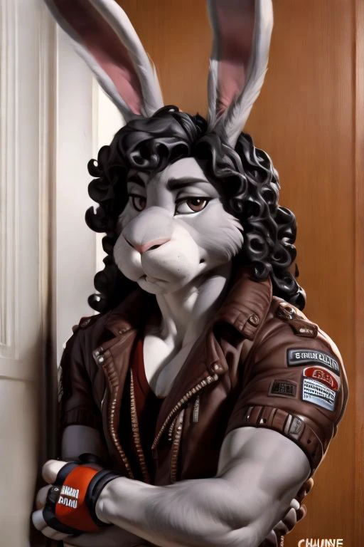 (by Meesh:1), (by darkgem:0.8), (by chunie:1), masterpiece, looking at viewer, detailed fur, male, anthro, ((photorealistic)) <slora:add_detail:0.4> (Spike), (Rabbit), (Grey Fur), (leather jacket), (fingerless gloves), (black hair, long hair), (jheri curls), (rabbit Ears)