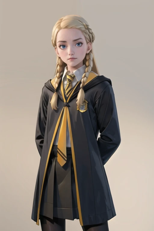 Highly detailed, High Quality, Masterpiece, beautiful, (arms behind back:1.4), (upper body, medium breast, blue eyes, looking at viewer, 1girl, solo, face:1.1), pennyhaywood, hogwarts school uniform, black school uniform, black coat, black pantyhose, black boots, black skirt, white shirt, serious, determined, yellow necktie, striped necktie, white collared shirt, simple_background, <lora:PennyHaywood:0.7>