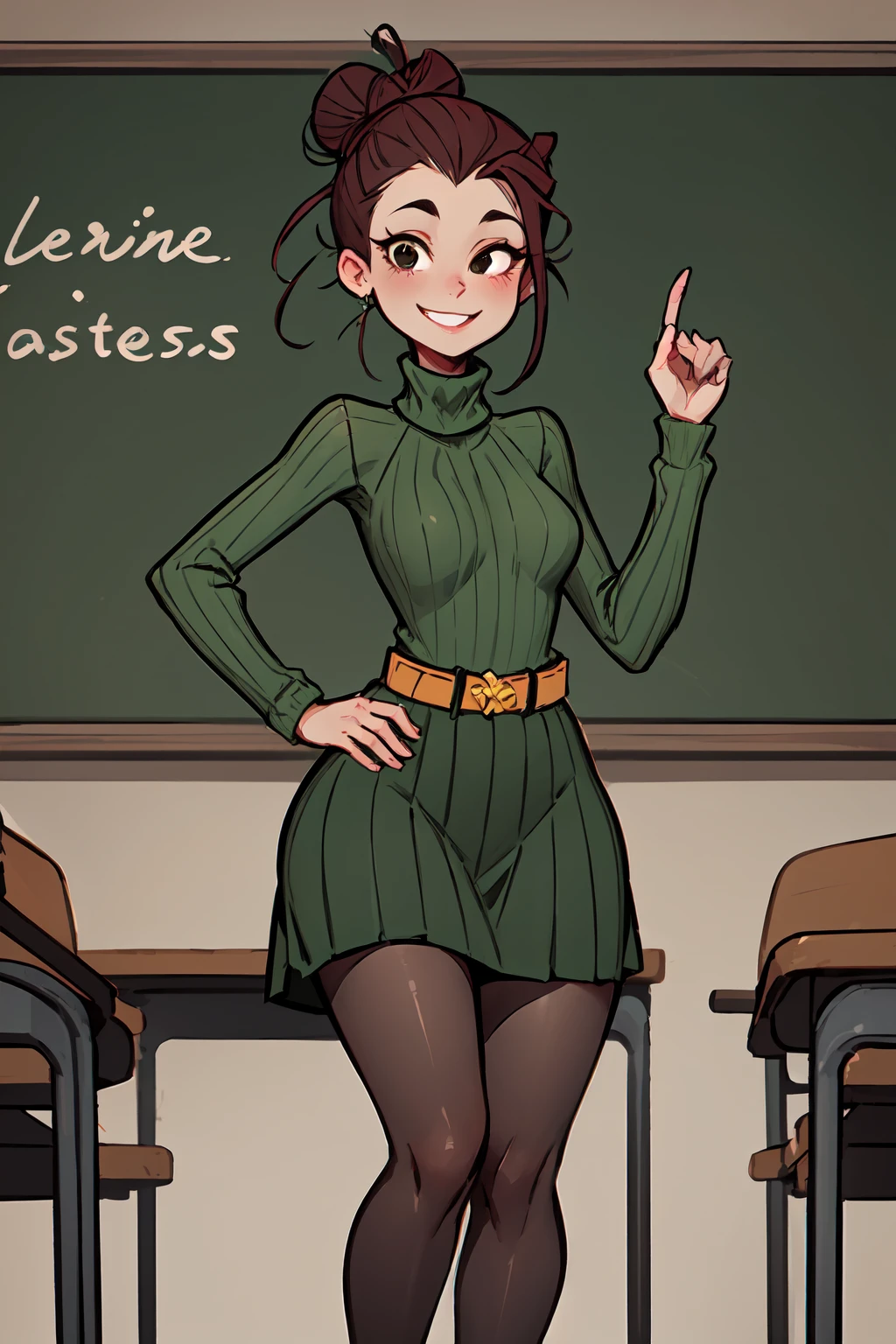 <lora:AgnesJohnson(2.0):0.6> agnesj, 1girl, turtleneck, pencil in hair, solo, hair bun, single hair bun, green sweater, belt, smile, green skirt,black eyes, brown footwear,looking at viewer, hand on hip, classroom,