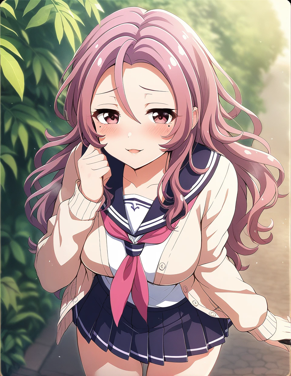 1girl,<lora:batogarengev2:0.9>,batogarenge,solo,
long hair,mole under eye,pink hair,pink eyes,brown eyes,school uniform,outdoors,pleated skirt,cardigan,serafuku,
ultra resolution image,
masterpiece,best quality,