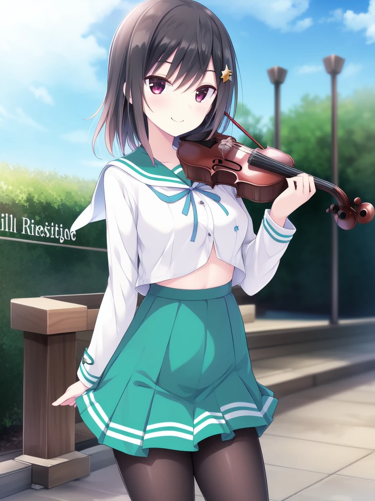 <lora:Sonoya_Chika:0.8> SonoyaChika, 1girl, skirt, solo, instrument, violin, music, shirt, smile, holding, holding instrument, white shirt, playing instrument, breasts, pleated skirt, frills, long sleeves, hair between eyes, looking at viewer, blurry background, ribbon, school uniform, musical note, pantyhose, aqua skirt, blurry, medium breasts, sailor collar, green skirt, star (symbol), green ribbon, bow (music), closed mouth, white sailor collar, frilled skirt, blue skirt, cowboy shot, blue ribbon, standing, blush, outdoors, black pantyhose, day, serafuku, depth of field, buttons, copyright name, letterboxed, character name,
masterpiece, high quality, very_high_resolution, large_filesize, full color,