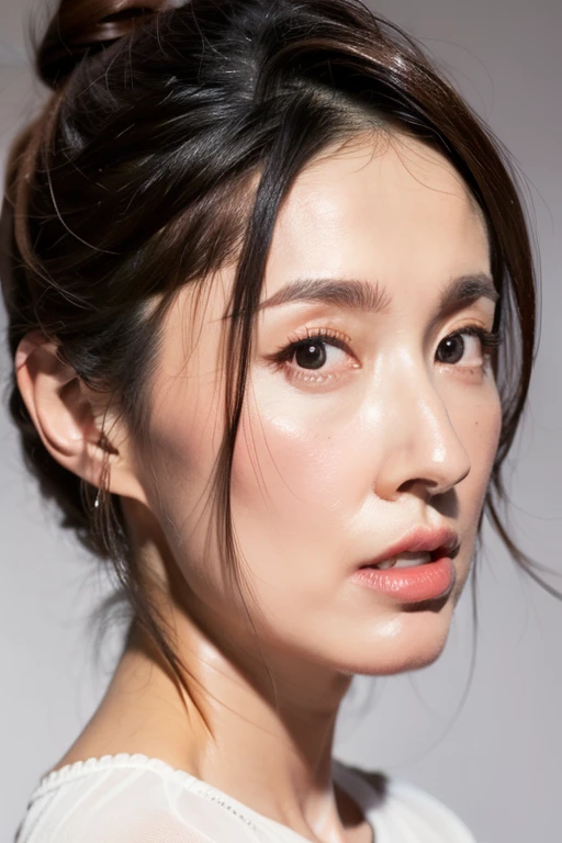 Best quality,masterpiece,ultra high res,(photorealistic:1.2),1girl,low key,slim body,dynamic pose,face closeup,brown hair,<lora:tanaka_chie:0.9>,medium breasts,bun hair,