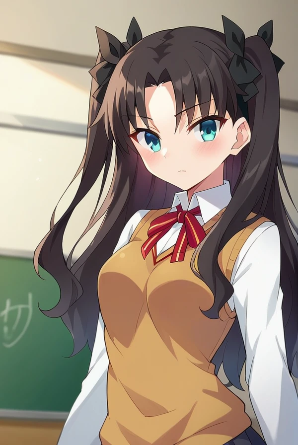 score_9, score_8_up, score_7_up, score_6_up, score_5_up, score_4_up,
BREAK source_anime, 
rintohsaka, <lora:rin_tohsaka_ubw-sdxl-lora-nochekaiser:1>,
rin tohsaka, aqua eyes, black hair, hair ribbon, long hair, ribbon, sidelocks, two side up, parted bangs
brown sweater vest, collared shirt, homurahara academy school uniform, neck ribbon, red ribbon, ribbon, school uniform, shirt, sweater vest, white shirt,
indoors, classroom,
looking at viewer, cowboy shot,