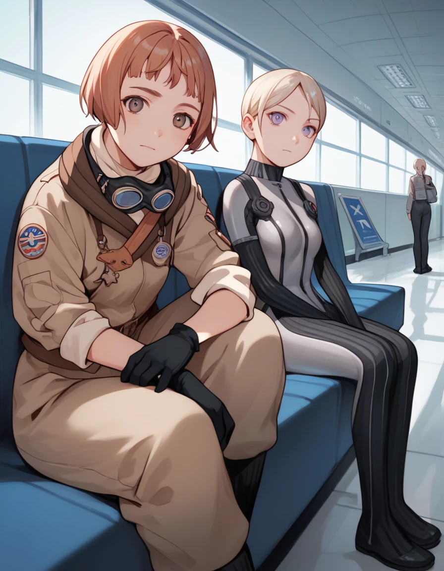 score_9, score_8_up, score_7_up, score_6_up, score_5_up, score_4_up, source_anime
<lora:last-exile-v2-ponyxl-000014:0.6>
2girls, airport, sitting, waiting
BREAK
lavie, brown jumpsuit, black gloves, goggles around neck
BREAK
tatiana, grey bodysuit