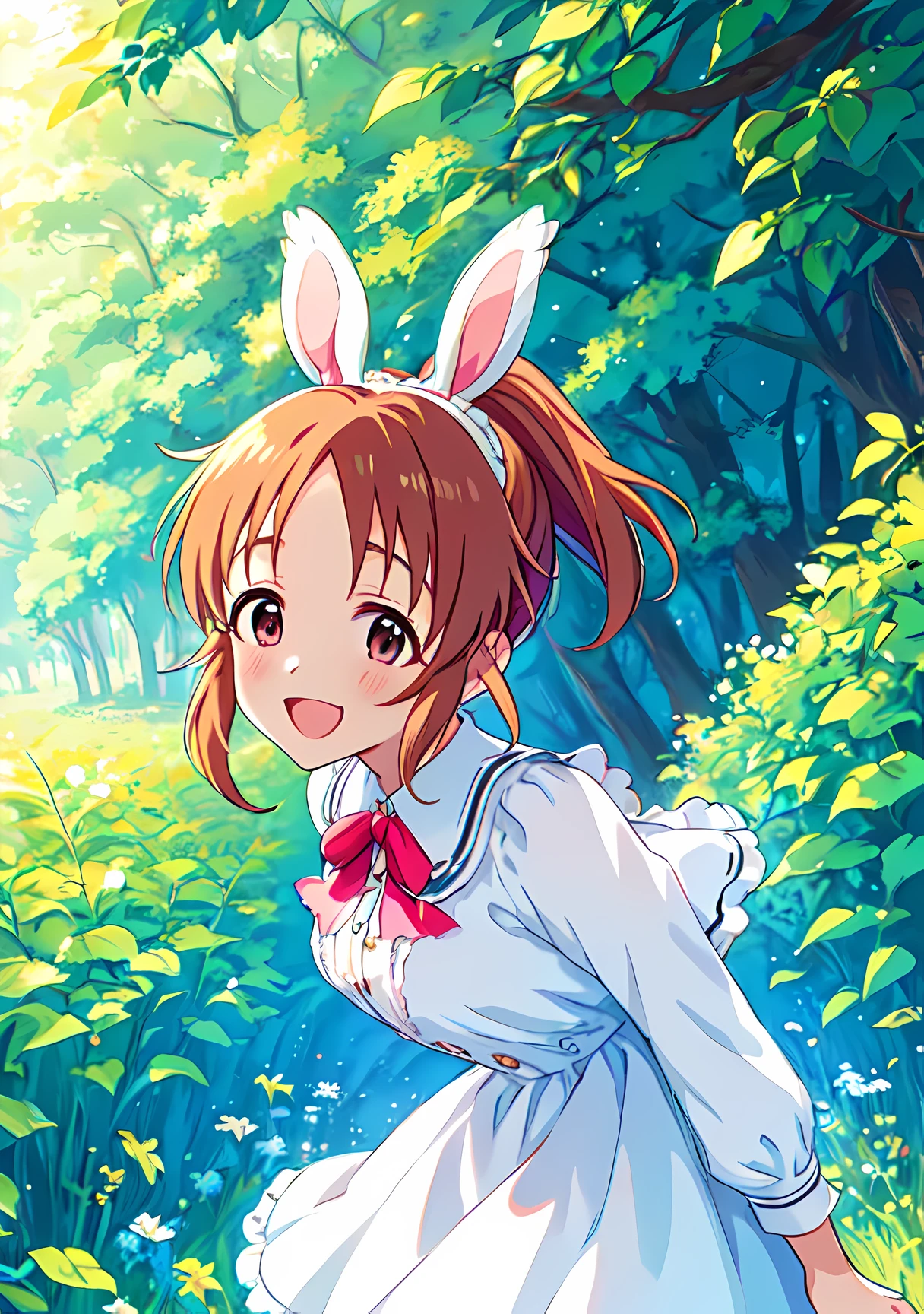 <lora:abe_v2:0.8>,abe nana,1girl,super fine illustration,masterpiece,best quality,eternal seventeen,:d,blouse,leaning_forward,arms_behind_back,front view,nature,