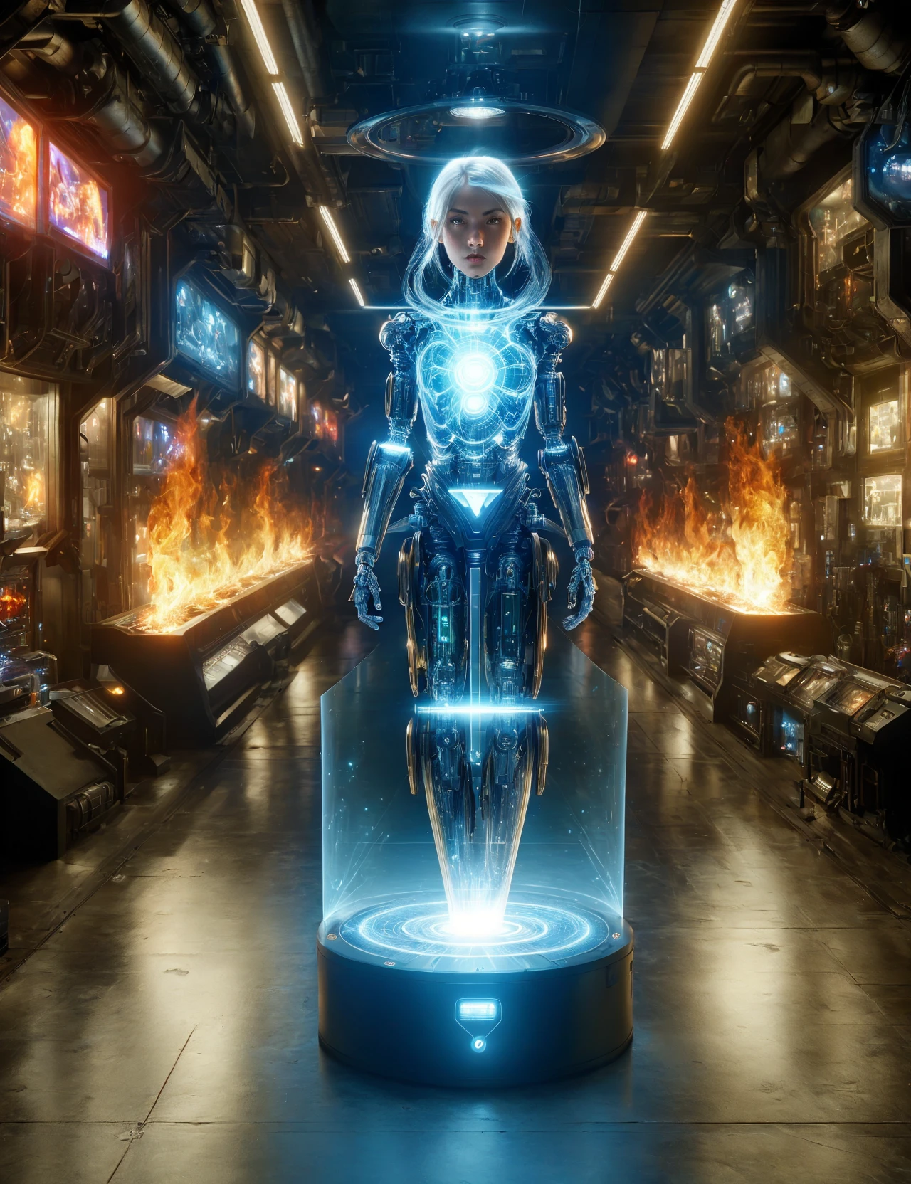 masterpiece, awesome quality, hyper detailed, DonMH010D15pl4y holographic display, female kaled, cybernetic contraband trafficker,, ember torch, <lora:DonMH010D15pl4y-000006:0.8>