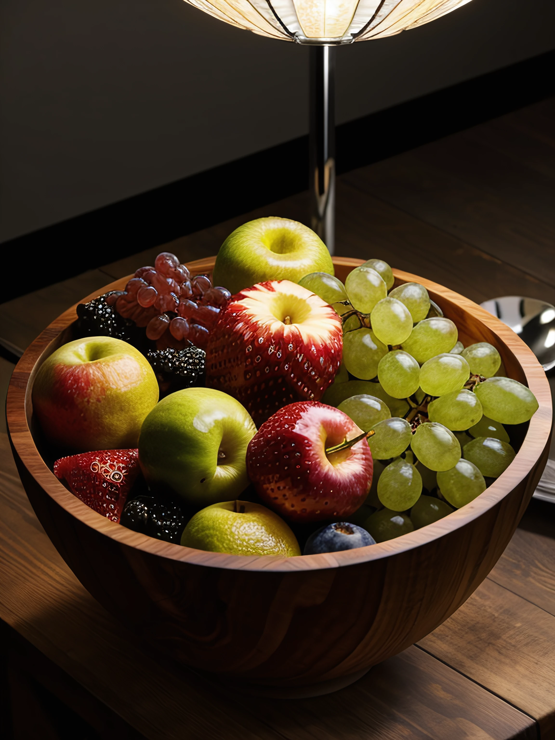 intricatedetails, Rembrandt lighting on a bowl of mixed fruit in a wooden bowl on a chrome table