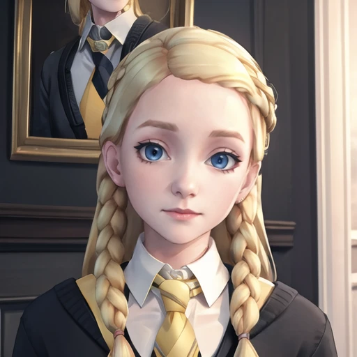 pennyhaywood, (portrait:1.2), solo, upper body, blue eyes, blonde hair, black cardigan, white shirt, yellow necktie, (medium breasts), black skirt, looking at viewer, <lora:PennyHaywood:0.7>