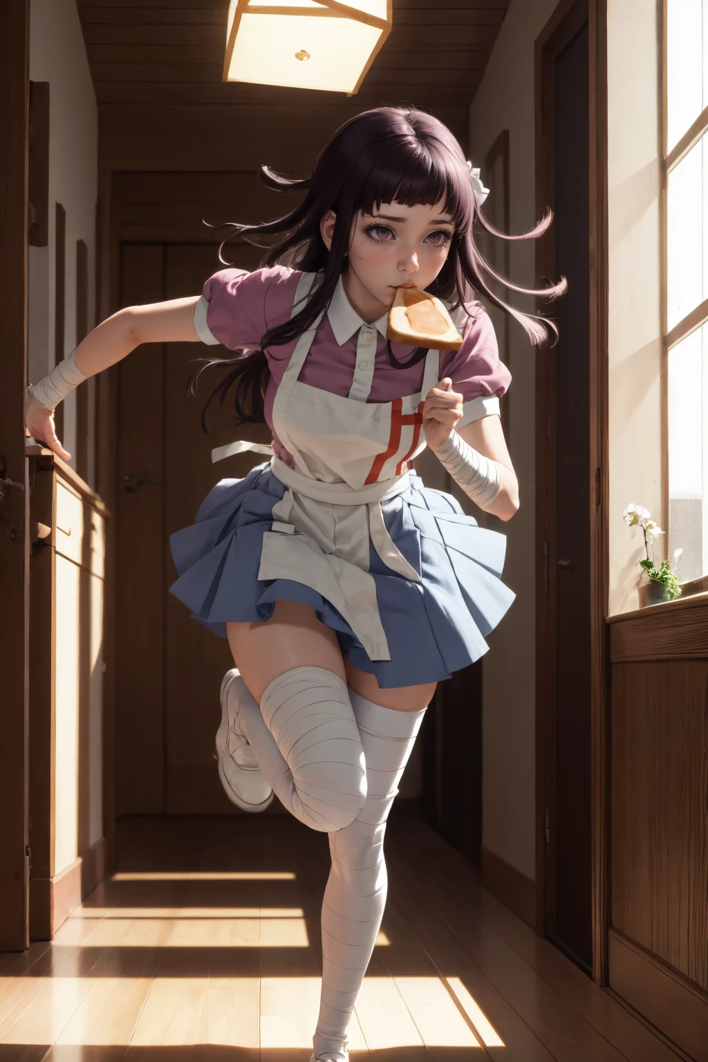 (masterpiece, best quality:1.2), solo, 1girl, tsumiki mikan, toast in mouth, running, mole under eye, purple hair, pink shirt, puffy short sleeves, white apron, blue skirt, bandaged leg, bandaged arm, indoors, hallway <lora:danganronpa2_tsumiki:1> <lora:toast-nvwls-v1:0.9>