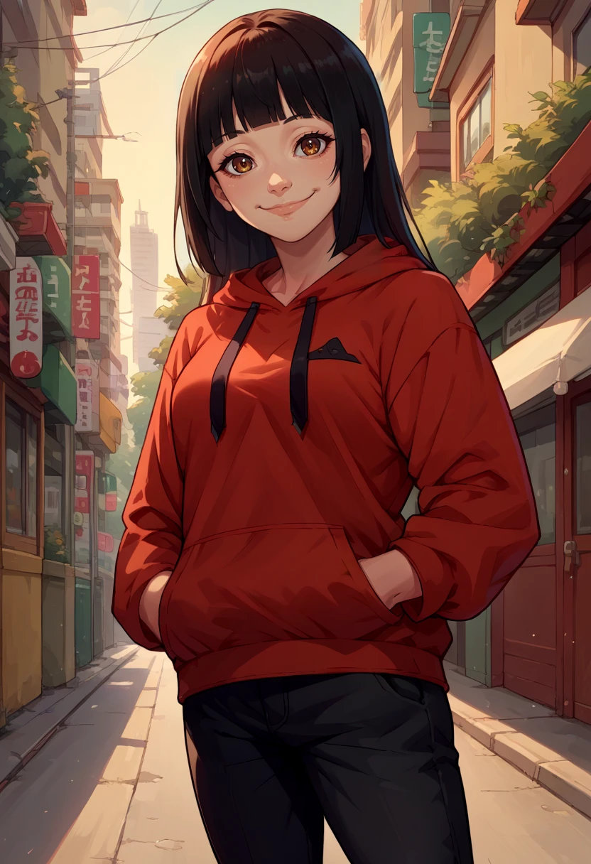 score_9, score_8_up, score_7_up, source_anime, solo, 1girl, jabami yumeko, smile, closed mouth, looking at viewer, hand in pocket, hime cut, brown eyes, two-tone hoodie, red hoodie, black hoodie, black pants, outdoors, city street <lora:kakegurui_jabami_ponyXL:1>