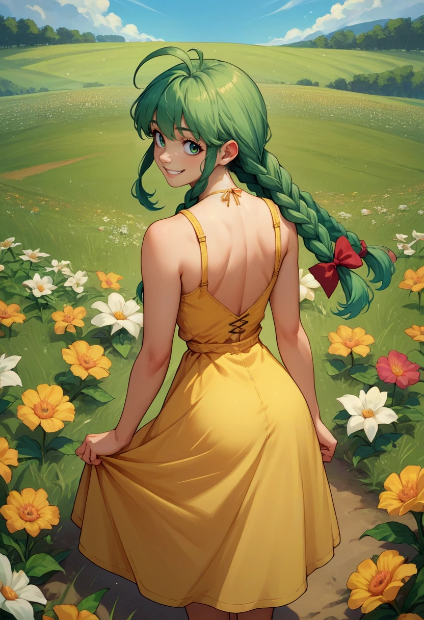 score_9, score_8_up, score_7_up, source_anime, from behind, solo, 1girl, me-tan, smile, looking back, ahoge, twin braids, yellow sundress, flower field <lora:os-tan_me-tan_xl_ponyXL:1>