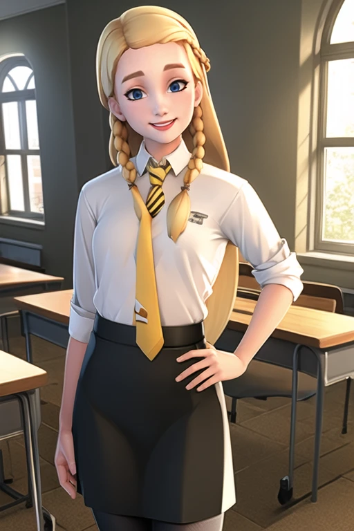 pennyhaywood, 1girl, solo, face, (cowboy shot:1.1), long hair, white shirt, collared shirt, sleeves rolled up, yellow necktie, black pantyhose, black mary janes, black skirt, striped necktie, medium breasts, looking at viewer, smile, indoors, classroom, brick wall, window, <lora:PennyHaywood:0.8>