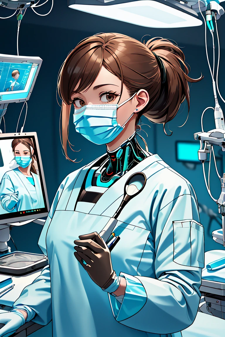 (RAW photo, best quality), 1girl, operating room, overhead surgical light, dslr, blurred background, focused,
 <lora:cyber_surg_v1.0-000006:0.8> cybr_surg, 1girl, solo, latex gloves, surgical mask,cybernetic outfit,long sleeves,
 <lora:Klaviana_V1.0-000006:0.5> (klaviana,brown hair, brown eyes,folded ponytail, 1990s (style)),