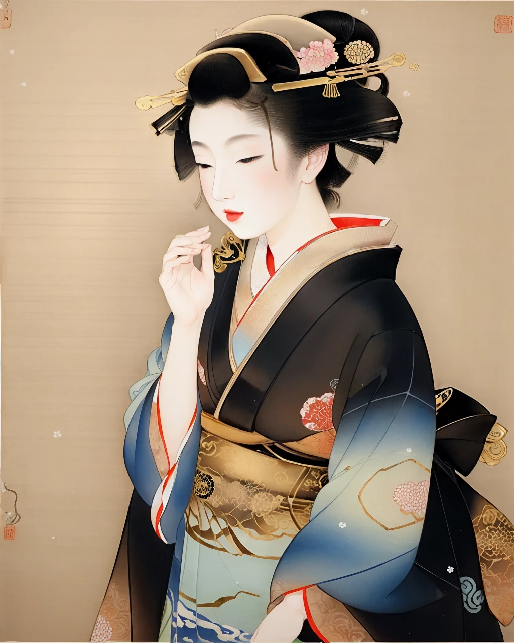 best quality,masterpiece,highly detailed,ultra-detailed,
(uemura-shoen, nihonga:1.3)
<lora:neg4all_bdsqlsz_V3.5:-1>
<lora:Uemura-Shoen:1.2>1girl, black hair, black kimono, closed eyes, hair ornament, japanese clothes, kimono, , long hair, very long sleeves, nihonga, obi, pale skin, red lips, sash, , flower plants