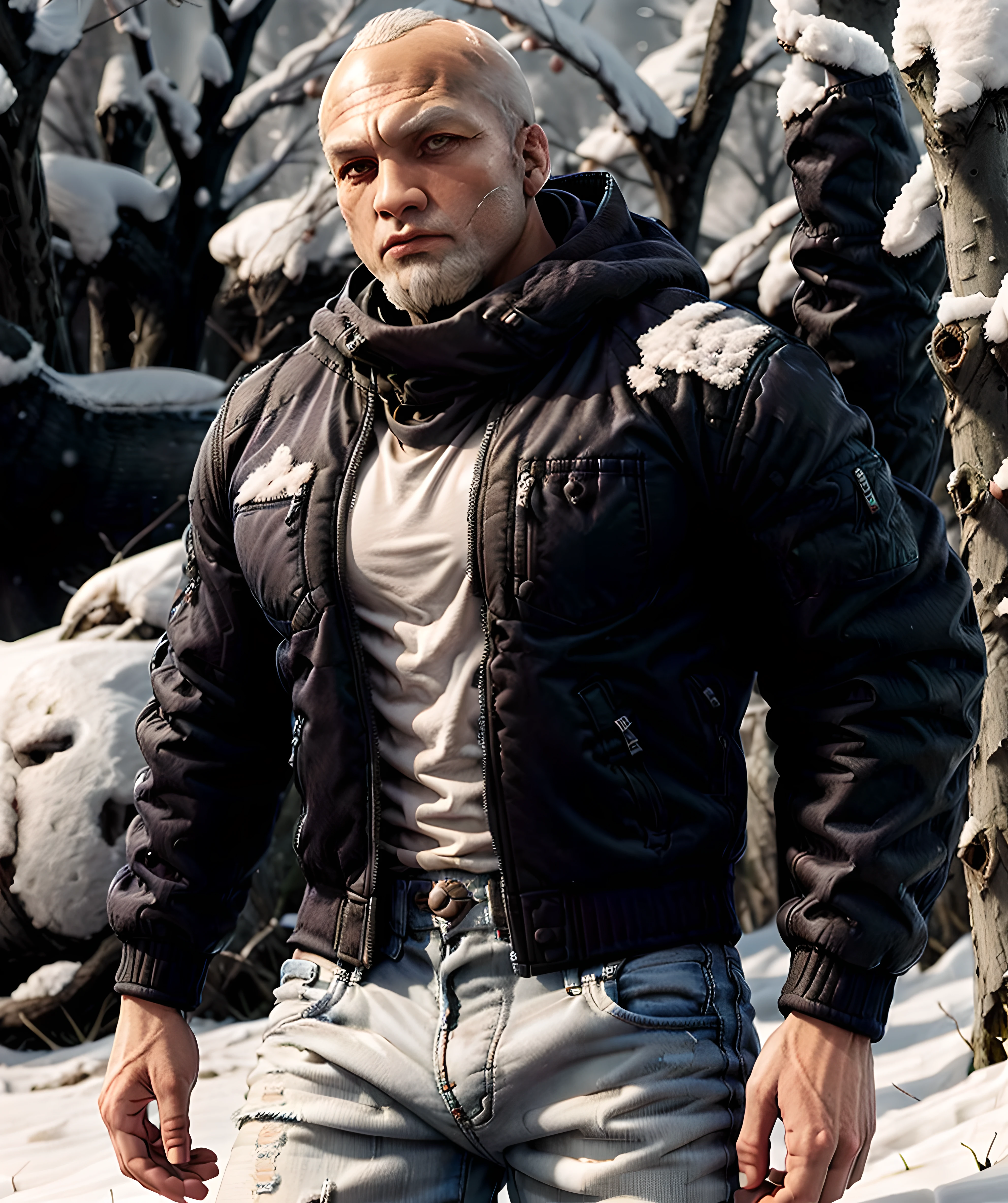 the_betrayer, looking at viewer, long sleeves, (black winter jacket:1.2), jeans, standing, cowboy shot, park, dead trees, evening, snow, winter, bald, beard, (muscular:1.1) <lora:Valen:0.85>