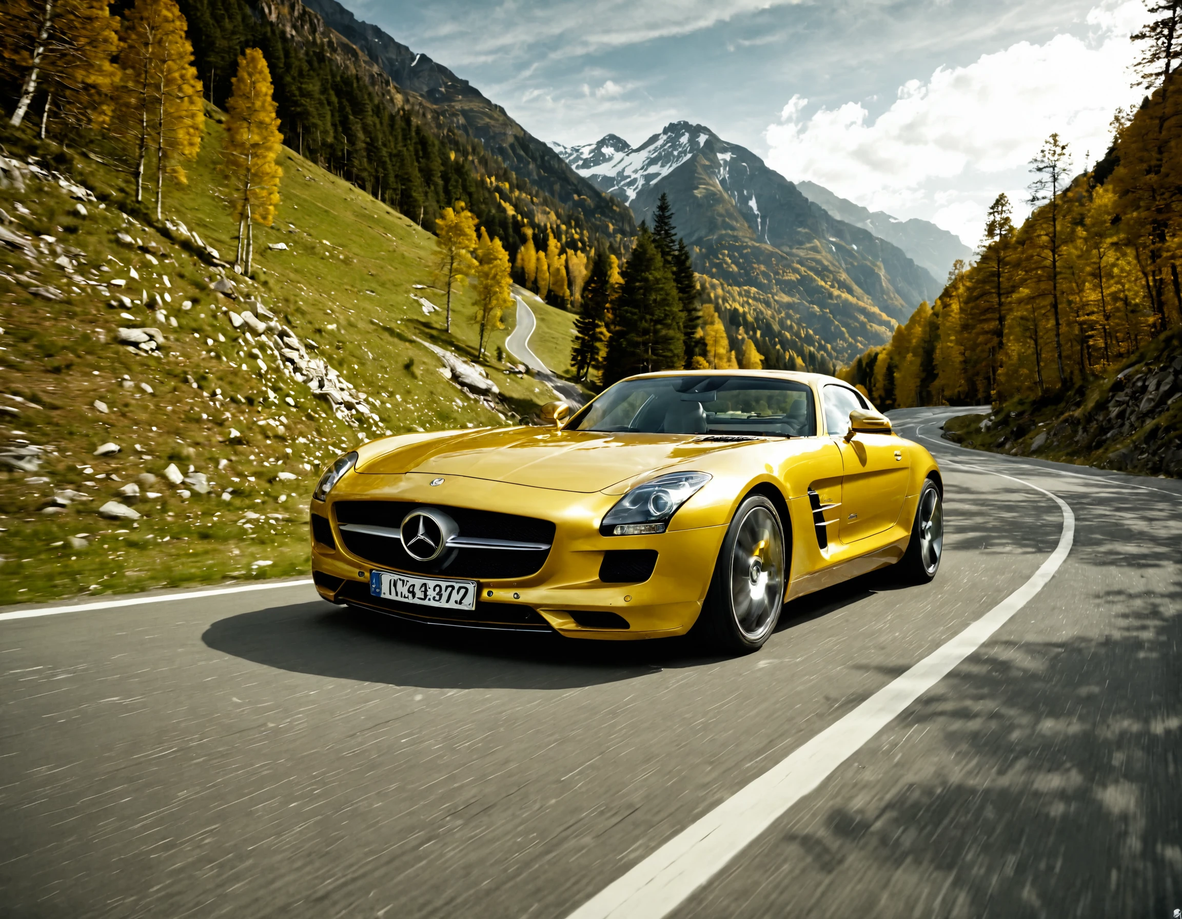 Mercedes SLS Amg, real photo, yellow car, rides through the Alpine mountains, sharp focus, highly detailed, cinematic, intricate, elegant, complex, glowing, aesthetic, very inspirational, thought, professional, colorful, dramatic ambient, pristine, epic, fine detail, full color, bright colors, iconic, incredible, symmetry, inspired, still, great composition