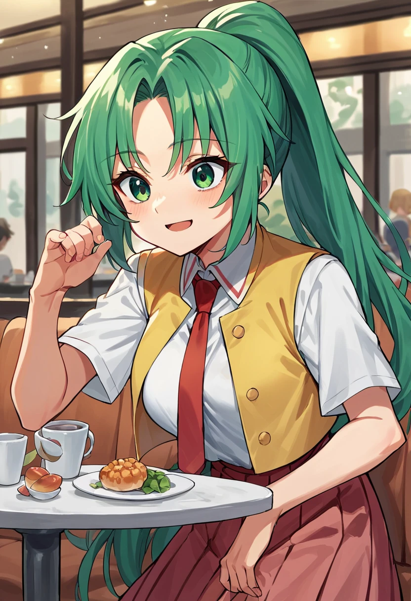 score_9, score_8_up, score_7_up, score_6_up, score_5_up, score_4_up, source_anime, Mion Sonozaki, green eyes, ponytail, white shirt, red necktie, yellow vest, red skirt, one breast out, cafe, <lora:MionPonyN-000016:1>,