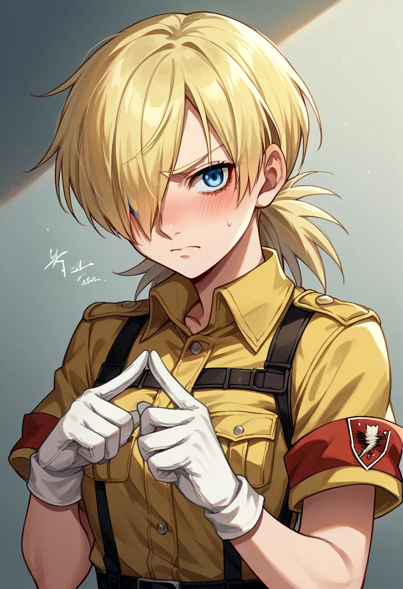 score_9, score_8_up, score_7_up, source_anime, rating_safe, solo, 1girl, seras victoria, hellsing, blush, shy, looking at viewer, index fingers together, blonde hair, hair over one eye, blue eyes, yellow shirt, short sleeves, white gloves <lora:pose_indexfingerstogether_ponyXL:1>