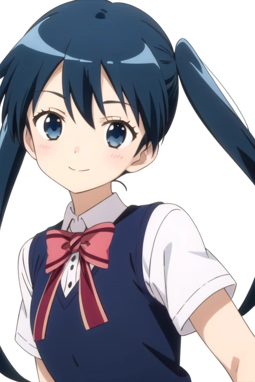 solo, 1girl, looking at viewer, 2D, anime, anime coloring, upper body, (solid white background:1.3), <lora:aya-kinmoza-01:0.8>, aya komichi, school uniform, vest, looking at viewer, smile