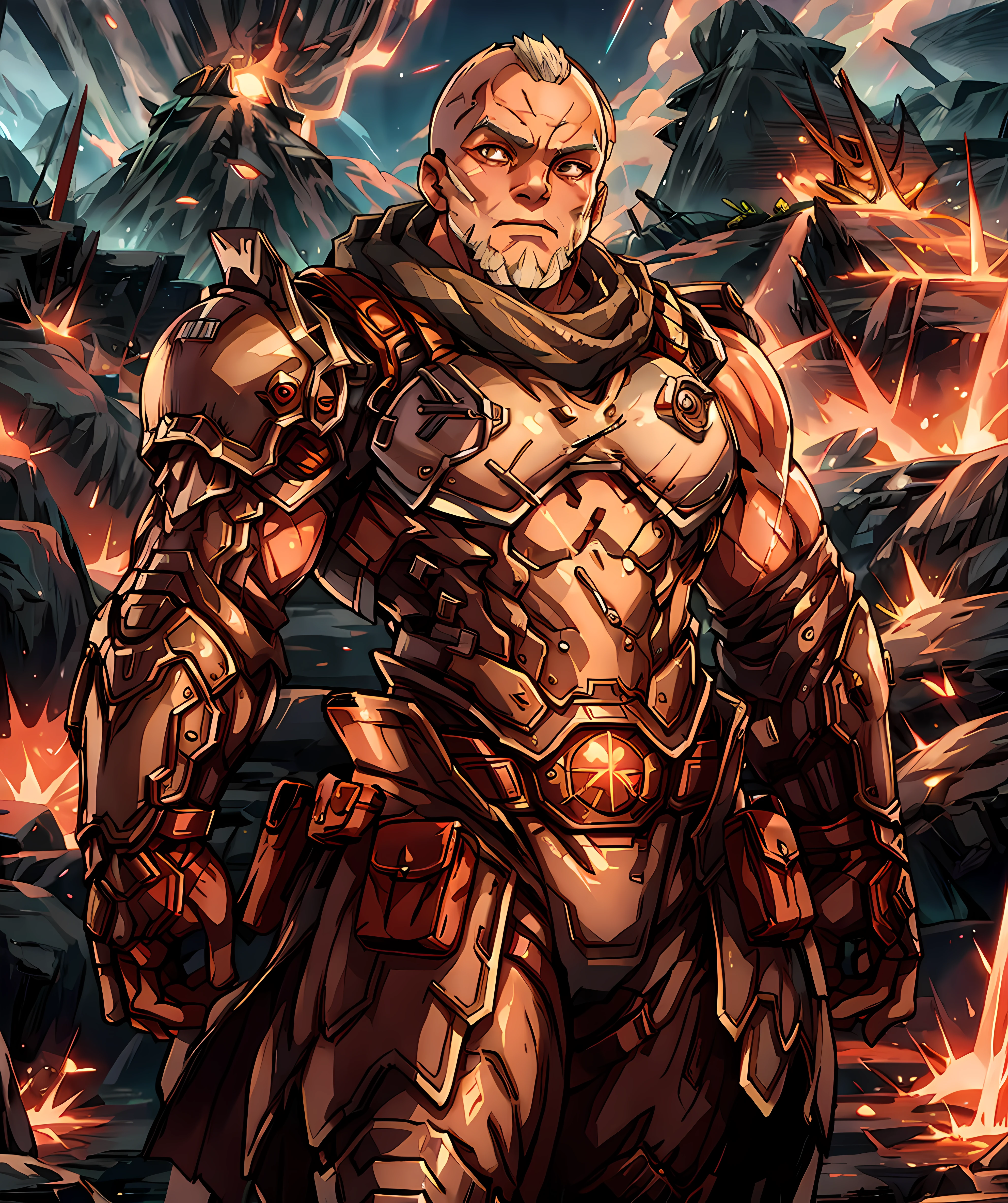 the_betrayer, looking at viewer, armor, standing, lava, mountain, scarf, mountain, dramatic, bald, beard, (muscular:1.2) <lora:Valen:0.85>