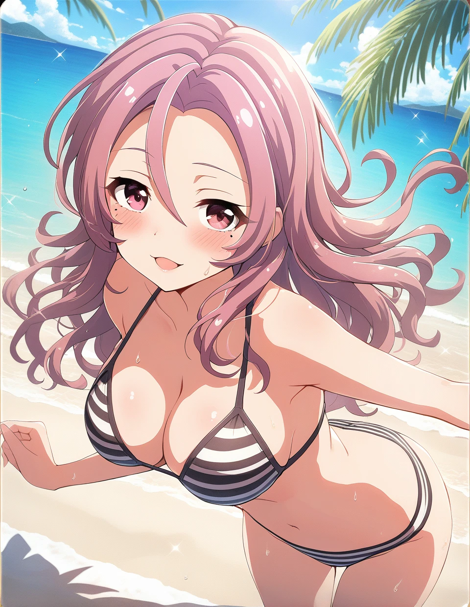 1girl,<lora:batogarenge_v2:0.9>,batogarenge,solo,
long hair,mole under eye,pink hair,pink eyes,brown eyes,bikini,sea,outdoor,dynamic angle,looking viewer,
ultra resolution image,
masterpiece,best quality,