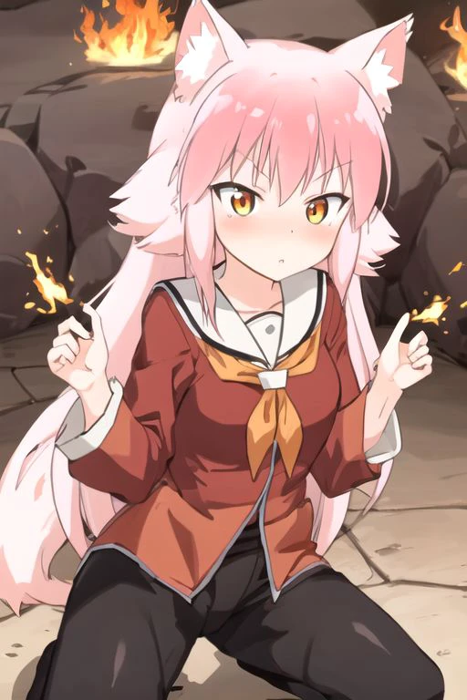 1girl, Lanka (Murenase Seton Gakuen) a pink-haired girl, with fluffy wolf ears and tail, golden eyes, with a serious expression, wearing a red and black suit, a uniform that resembles the ancient armor of the Chinese dynasty, which has a golden border, the emblem of fire (Avatar the last airbender) engraved, making fire and blue lightning with his hands